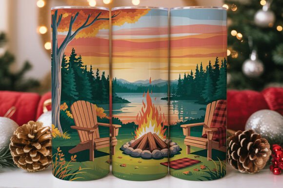 Fall Bonfire Lake Sunset Tumbler Wrap Graphics