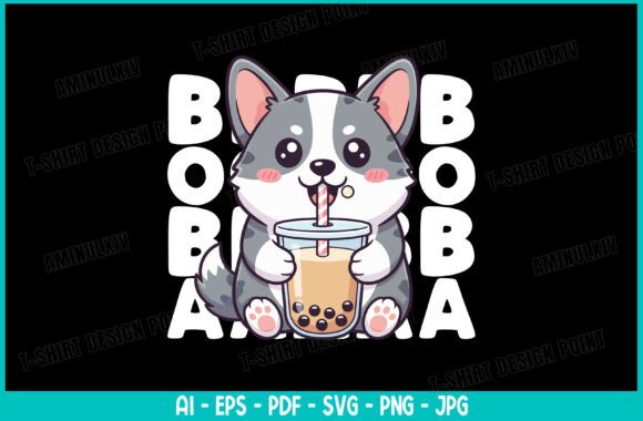 Kawaii Corgi Puppy Drinking Bubble Tea Graphics & T-Shirt Designs