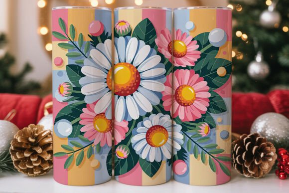 Pastel Daisy Checkered Tumbler Wrap Graphics for Branding