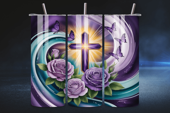 Purple Cross Butterfly Floral Tumbler Graphics for Tumbler Wraps