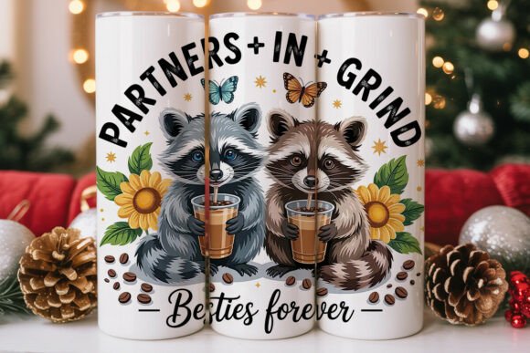 Raccoon Coffee Besties Tumbler Wrap PNG Graphics